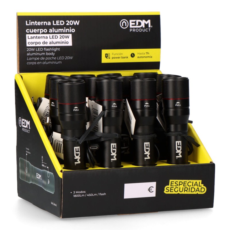 Linterna de 1 led 20w cuerpo aluminio recargable + funcion power bank 1800lm