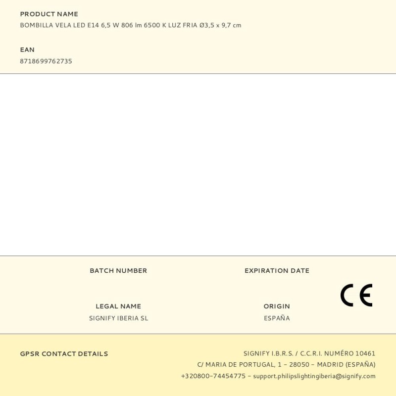 Bombilla vela led e14 6,5 w 806 lm 6500 k luz fria ø3,5 x 9,7 cm