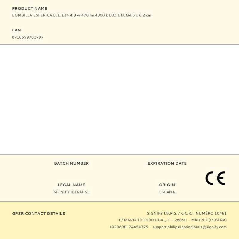 Bombilla esferica led e14 4,3 w 470 lm 4000 k luz dia ø4,5 x 8,2 cm