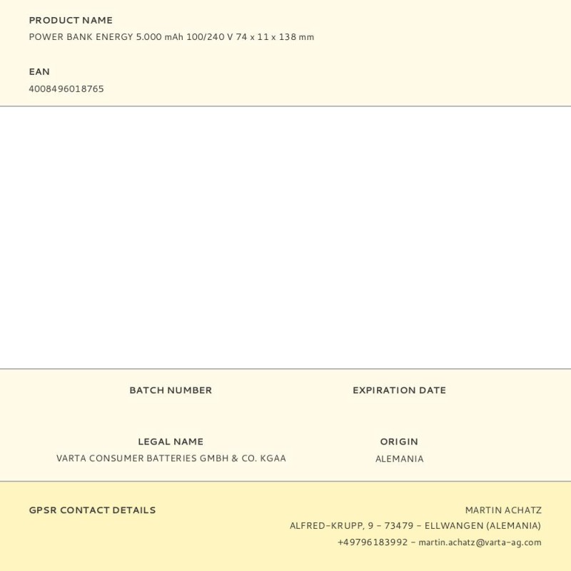 Power bank energy 5.000 mah 100/240 v 74 x 11 x 138 mm