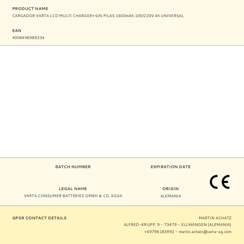 Cargador varta lcd multi charger+sin pilas 1600mah 100/220v 4h universal