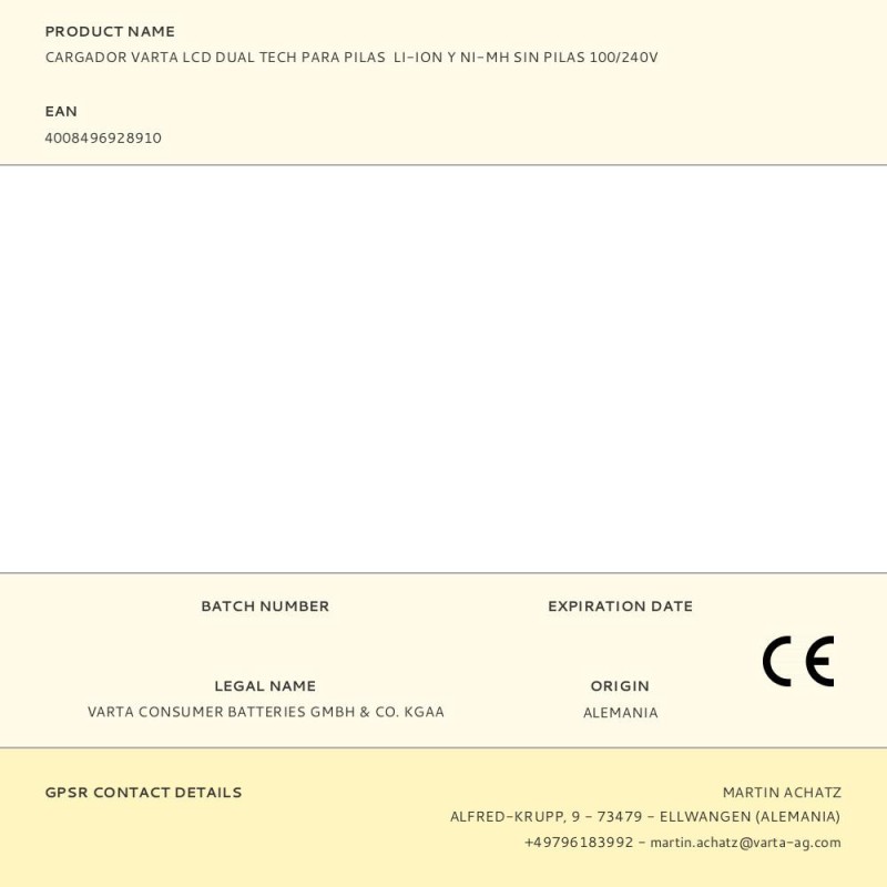 Cargador varta lcd dual tech para pilas li-ion y ni-mh sin pilas 100/240v