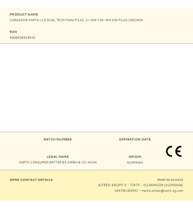 Cargador varta lcd dual tech para pilas li-ion y ni-mh sin pilas 100/240v