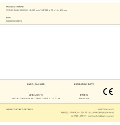 Power bank energy 10.000 mah 100/240 v 73 x 15 x 138 mm