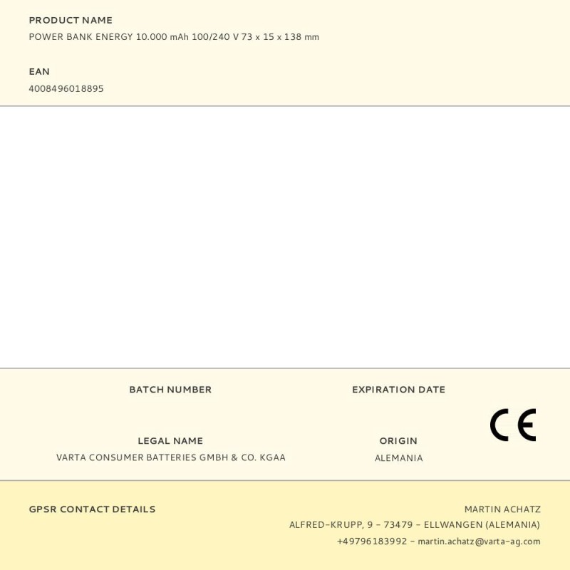 Power bank energy 10.000 mah 100/240 v 73 x 15 x 138 mm