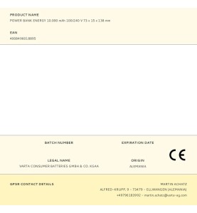 Power bank energy 10.000 mah 100/240 v 73 x 15 x 138 mm