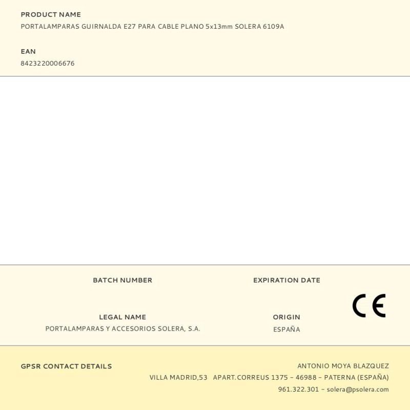 Portalamparas guirnalda e27 para cable plano 5x13mm solera 6109a