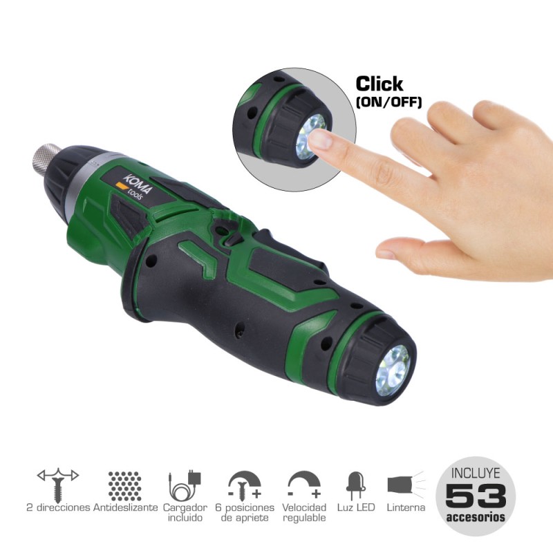 Atornillador a bateria reversible, 3,6v litio-ion 1300 mah, con 53 accesorios, 175 x 148 mm