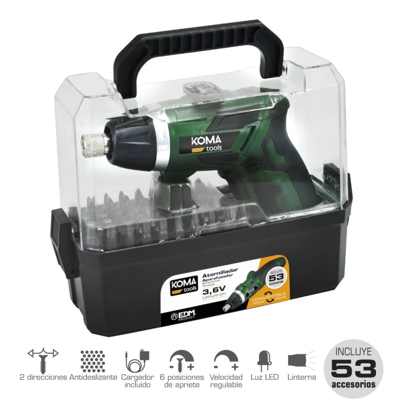 Atornillador a bateria reversible, 3,6v litio-ion 1300 mah, con 53 accesorios, 175 x 148 mm