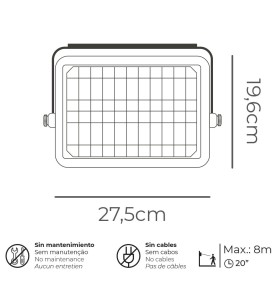 Aplique solar 10w 1150lm recargable. sensor presencia (2-8m) color negro 27,5x19,6cm edm