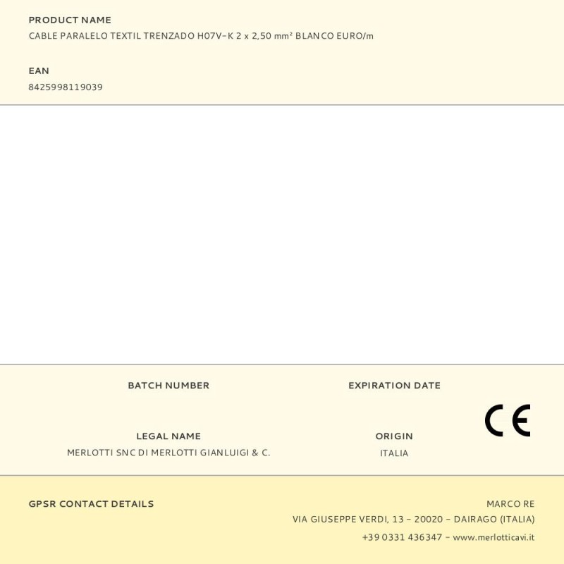 Cable paralelo textil trenzado h07v-k 2 x 2,50 mm² blanco euro/m