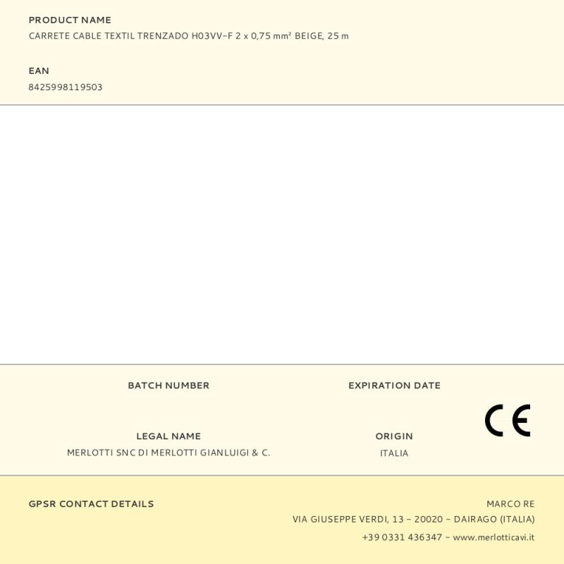 Carrete cable textil trenzado h03vv-f 2 x 0,75 mm² beige, 25 m