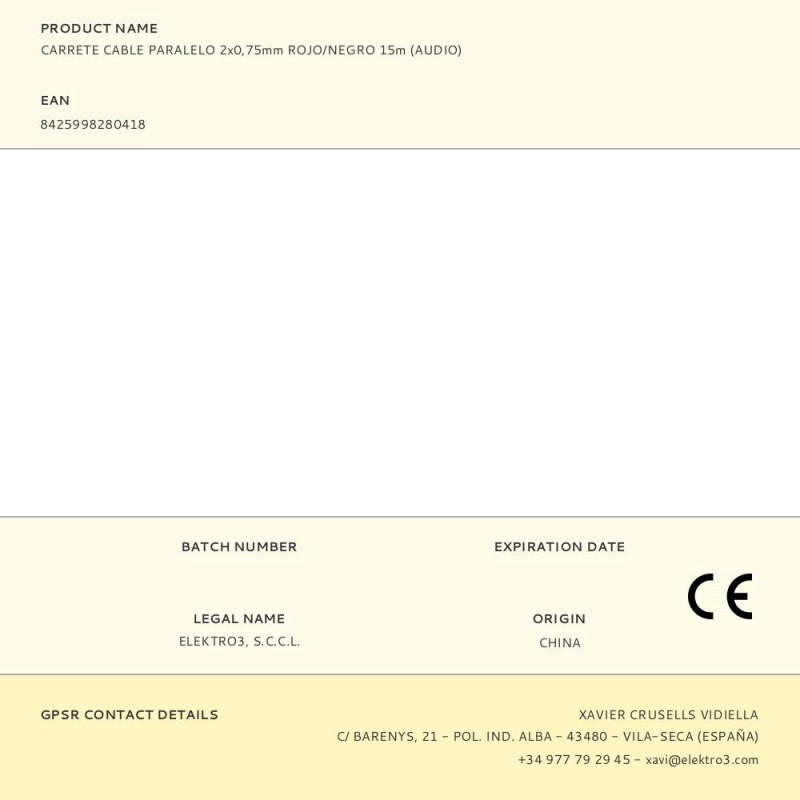 Carrete cable paralelo 2x0,75mm rojo/negro 15m (audio)