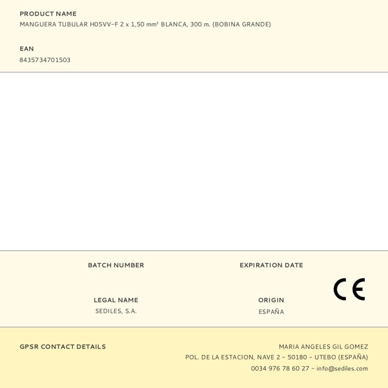 Manguera tubular h05vv-f 2 x 1,50 mm² blanca, 300 m. (bobina grande)