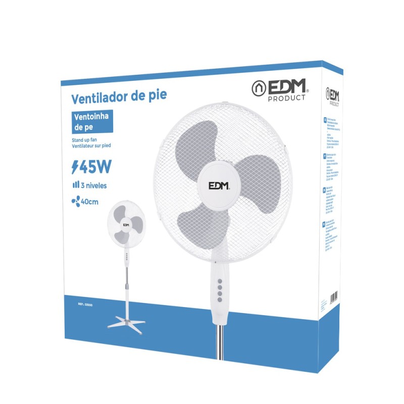 Ventilador de pie, blanco, potencia 45 w, db 60, aspas ø40 cm, altura regulable 105-125 cm