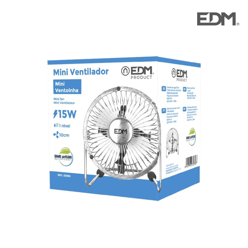 Mini ventilador industrial, de sobremesa. color cromado. potencia: 15w 54,7 db aspas: ø10 x 15 cm