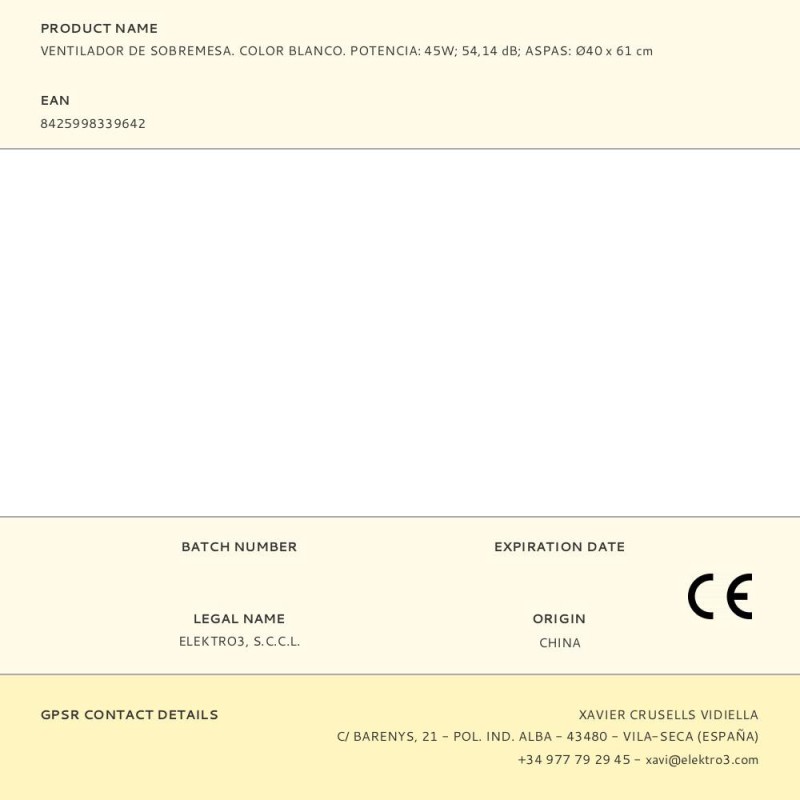 Ventilador de sobremesa. color blanco. potencia: 45w 54,14 db aspas: ø40 x 61 cm