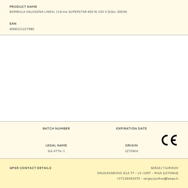 Bombilla halogena lineal 118 mm superstar 400 w 220 v (equ. 500w)