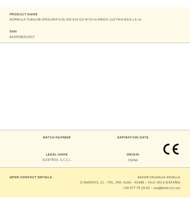 Bombilla tubular (frigorifico) led e14 0,5 w 55 lm 6400 k luz fria ø2,6 x 6 cm