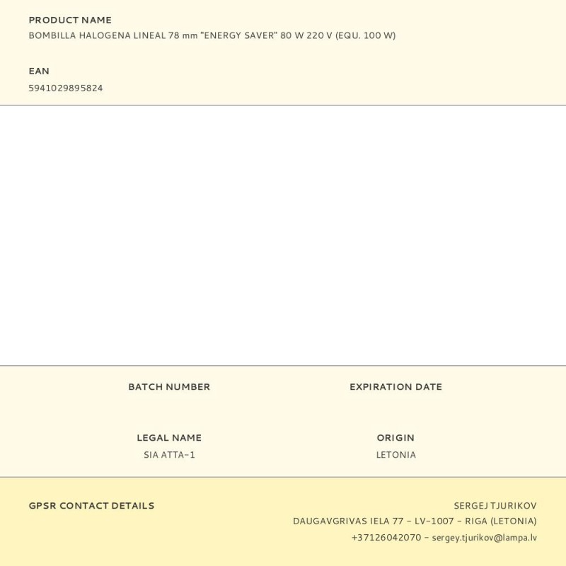 Bombilla halogena lineal 78 mm "energy saver" 80 w 220 v (equ. 100 w)