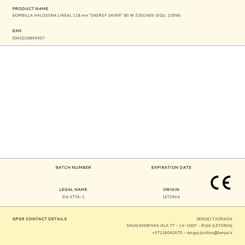 Bombilla halogena lineal 118 mm "energy saver" 80 w 220/240v (equ. 100w)