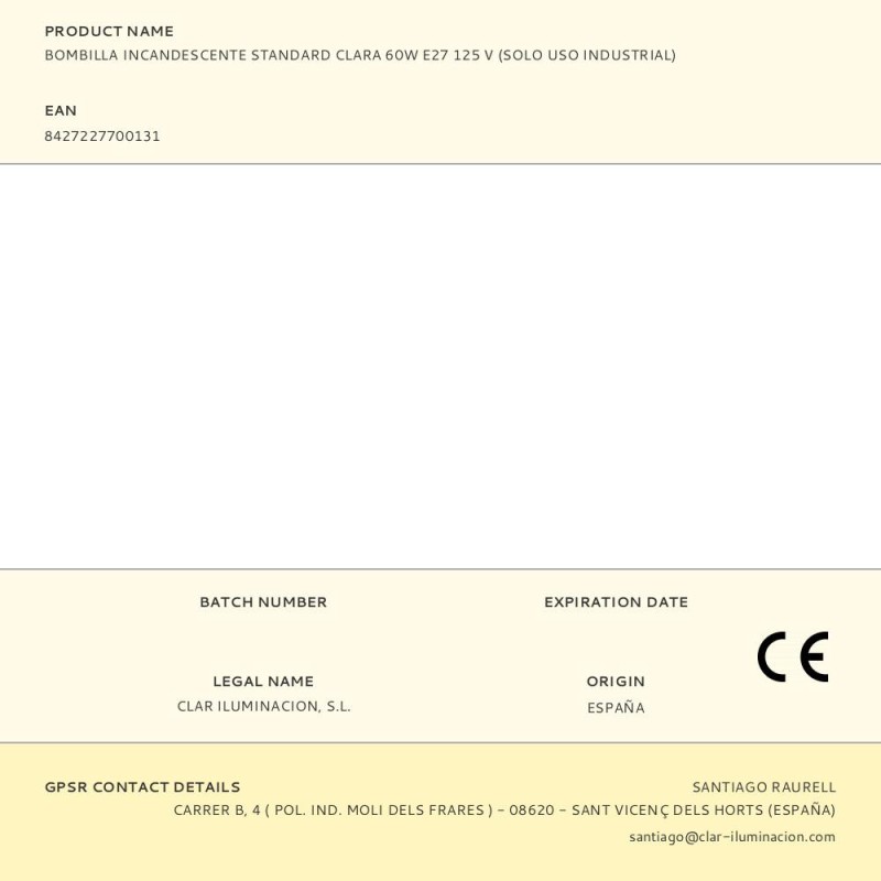 Bombilla incandescente standard clara 60w e27 125 v (solo uso industrial)