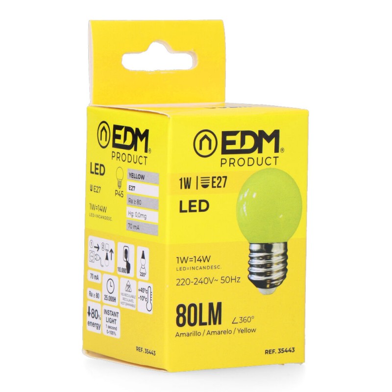 Bombilla esferica led e27 1 w 80 lm luz amarilla ø45 x 69 mm