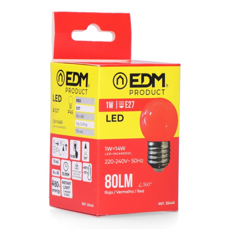 Bombilla esferica led e27 1 w 80 lm luz roja ø45 x 69 mm