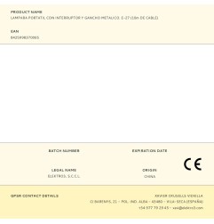 Lampara portatil con interruptor y gancho metalico. e-27 (10m de cable)