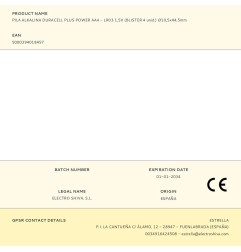 Pila alkalina duracell plus power aaa - lr03 1,5v (blister 4 unid.) ø10,5x44,5mm