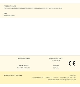 Pila alkalina duracell plus power aaa - lr03 1,5v (blister 4 unid.) ø10,5x44,5mm