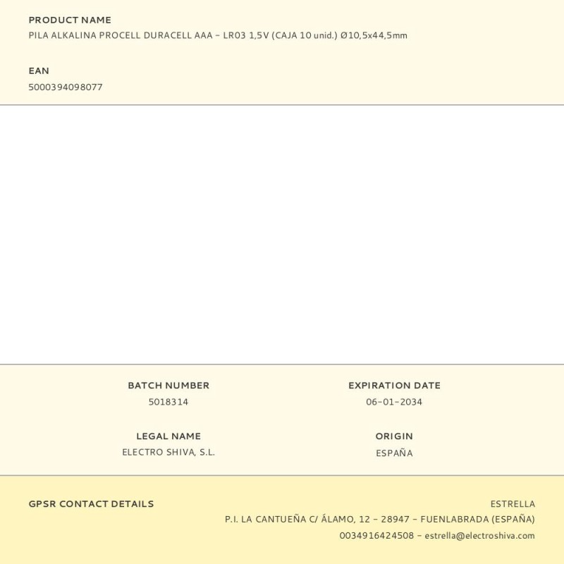 Pila alkalina procell duracell aaa - lr03 1,5v (caja 10 unid.) ø10,5x44,5mm