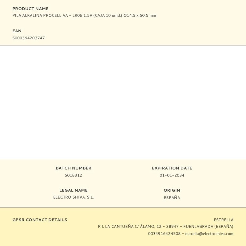 Pila alkalina procell aa - lr06 1,5v (caja 10 unid.) ø14,5 x 50,5 mm