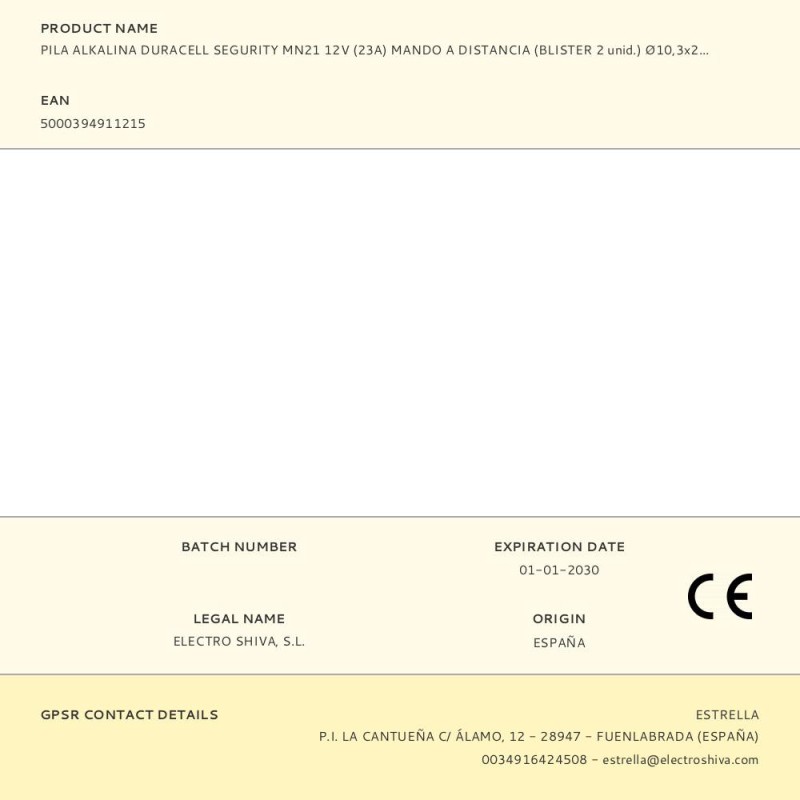 Pila alkalina duracell segurity mn21 12v (23a) mando a distancia (blister 2 unid.) ø10,3x28,5mm