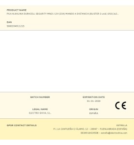 Pila alkalina duracell segurity mn21 12v (23a) mando a distancia (blister 2 unid.) ø10,3x28,5mm