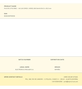 Pila de litio er6c - aa 3,6v (mod. 14505) 260 0mah ø14,5 x 50,5 mm