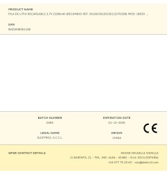 Pila de litio recargable 3,7v 2200mah (recambio ref: 36100/36105/36115/70390) mod: 18650 ø18´5mm x 69´5mm