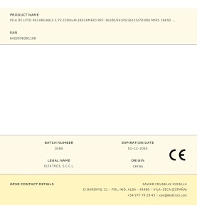 Pila de litio recargable 3,7v 2200mah (recambio ref: 36100/36105/36115/70390) mod: 18650 ø18´5mm x 69´5mm