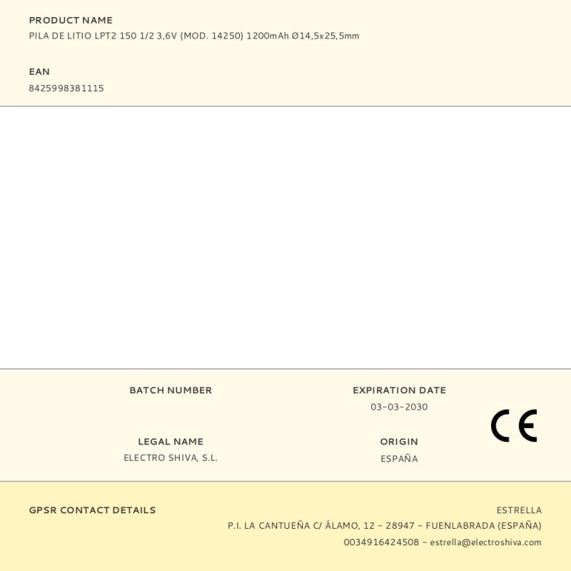Pila de litio lpt2 150 1/2 3,6v (mod. 14250) 1200mah ø14,5x25,5mm