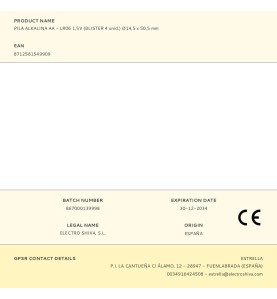 Pila alkalina aa - lr06 1,5v (blister 4 unid.) ø14,5 x 50,5 mm