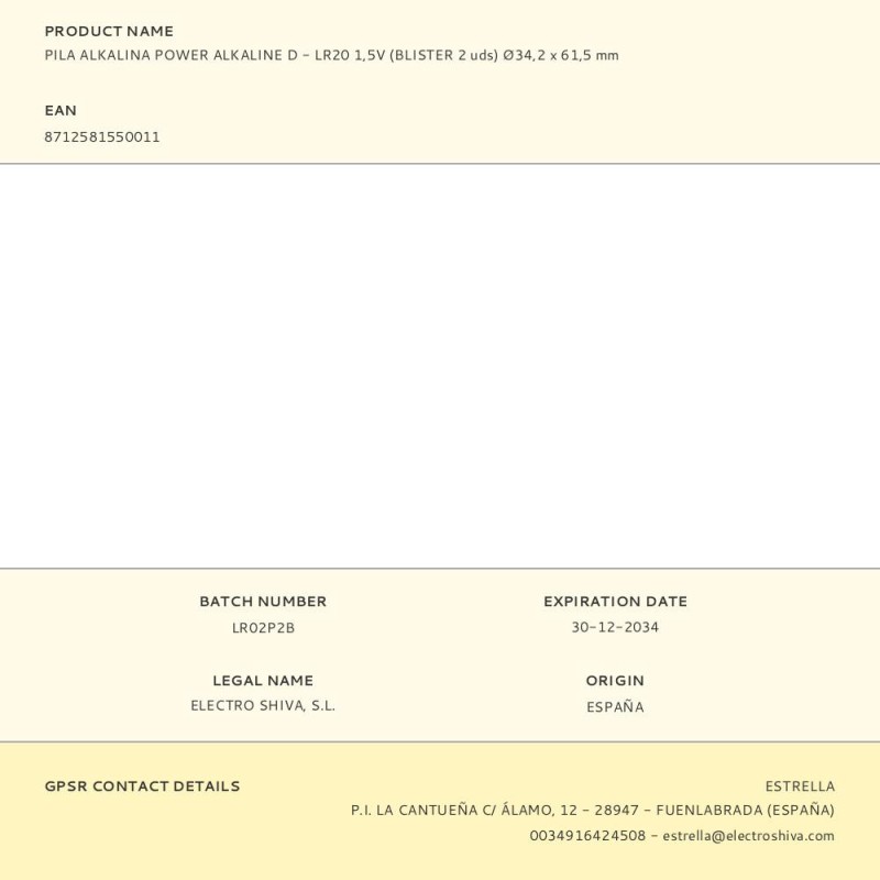 Pila alkalina power alkaline d - lr20 1,5v (blister 2 uds) ø34,2 x 61,5 mm