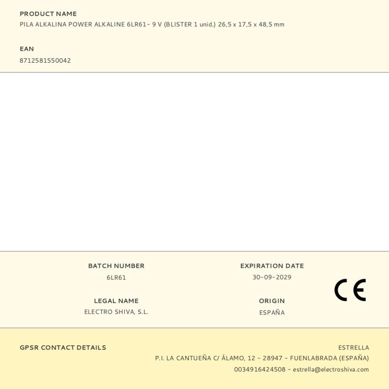 Pila alkalina power alkaline 6lr61- 9 v (blister 1 unid.) 26,5 x 17,5 x 48,5 mm
