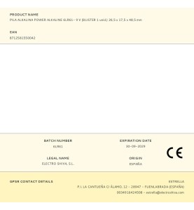 Pila alkalina power alkaline 6lr61- 9 v (blister 1 unid.) 26,5 x 17,5 x 48,5 mm