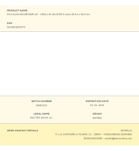 Pila alkalina bronze aa - lr06 1,5v (blister 4 unid.) ø14,5 x 50,5 mm