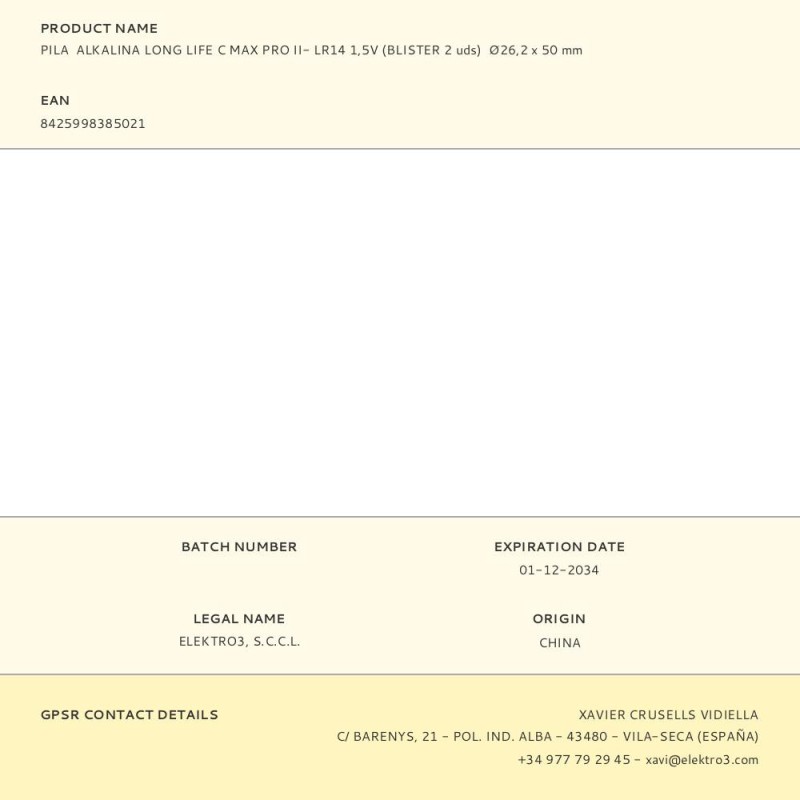Pila alkalina long life c max pro ii- lr14 1,5v (blister 2 uds) ø26,2 x 50 mm