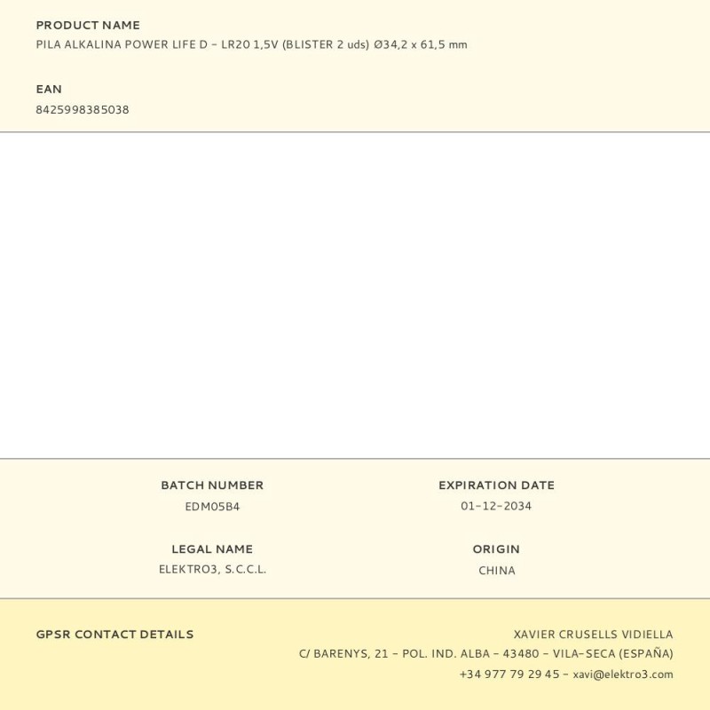 Pila alkalina power life d - lr20 1,5v (blister 2 uds) ø34,2 x 61,5 mm