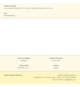 Pila alkalina power life d - lr20 1,5v (blister 2 uds) ø34,2 x 61,5 mm