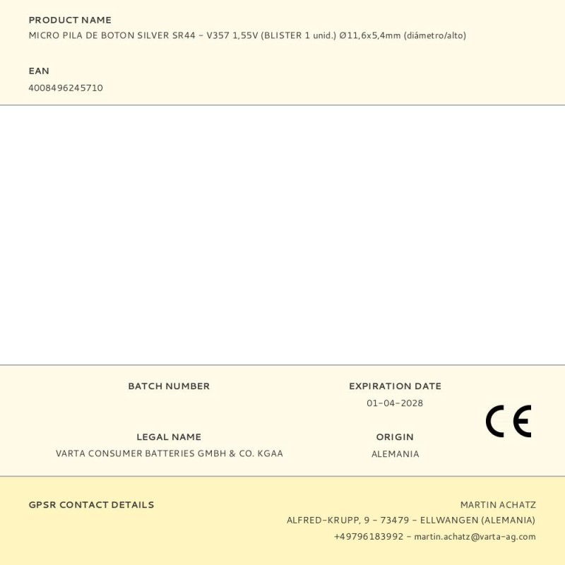 Micro pila de boton silver sr44 - v357 1,55v (blister 1 unid.) ø11,6x5,4mm (diámetro/alto)