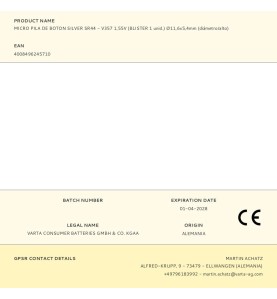 Micro pila de boton silver sr44 - v357 1,55v (blister 1 unid.) ø11,6x5,4mm (diámetro/alto)