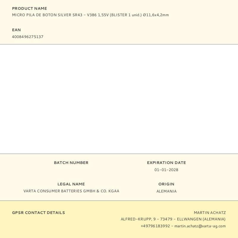 Micro pila de boton silver sr43 - v386 1,55v (blister 1 unid.) ø11,6x4,2mm